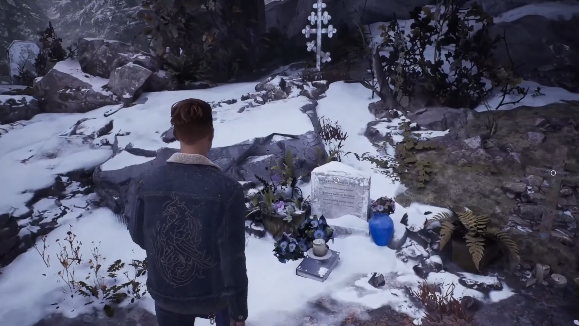 Tessa's mother grave with bright color flower pot, candles & other elements